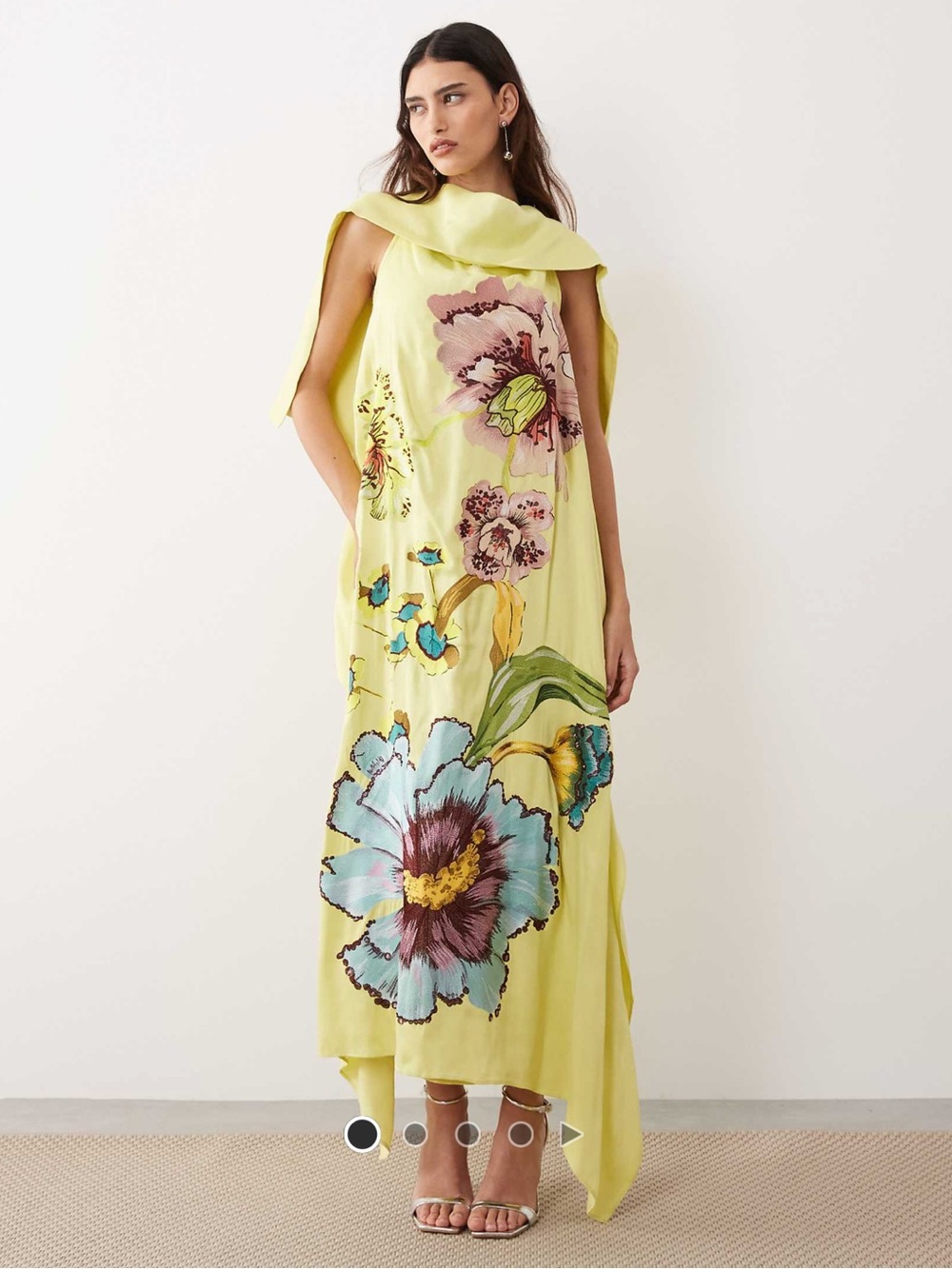 ARRANGE - large botanical floral high neck satin drape maxi dress in lime green